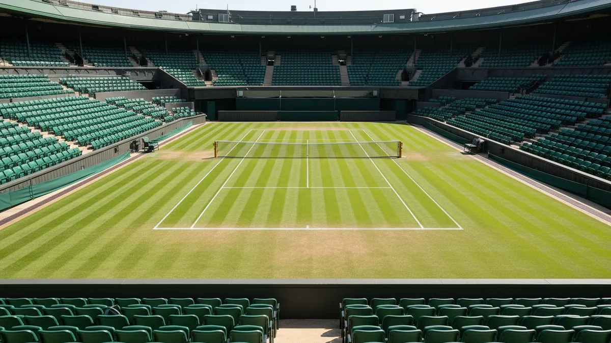 Vista amplia de la pista de hierba de Wimbledon con gradas alrededor