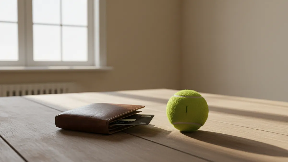 Cartera con tarjeta y pelota de tenis sobre mesa de madera