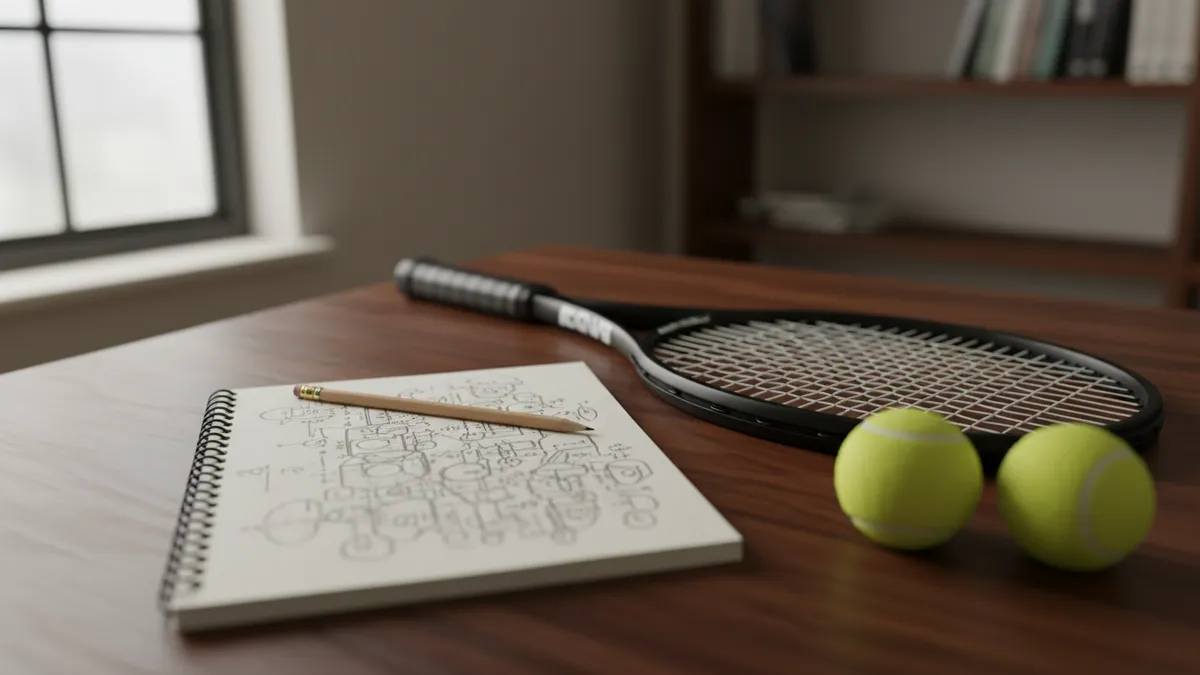 Cuaderno abierto con cálculos junto a raqueta y pelotas de tenis sobre mesa de madera