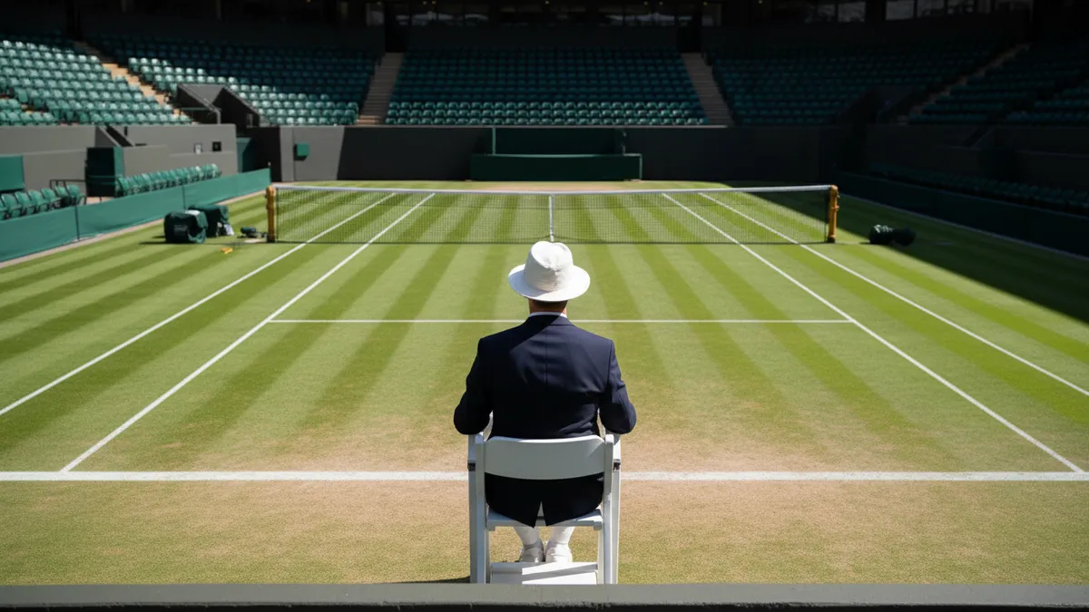 Árbitro de silla vigilando el partido en la hierba de Wimbledon desde atrás