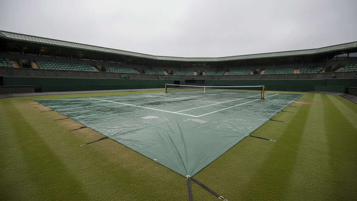 Cancha de hierba de Wimbledon vacía y mojada tras la lluvia, cubierta con lona protectora