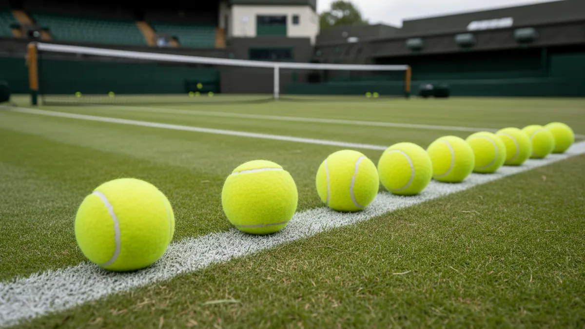 Fila de pelotas de tenis en la línea de fondo del césped de Wimbledon