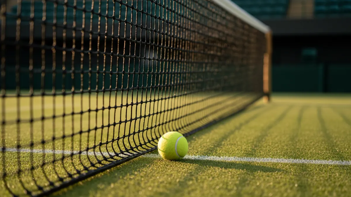 Red de Wimbledon con banda blanca y pelota apoyada en hierba bajo luz dorada