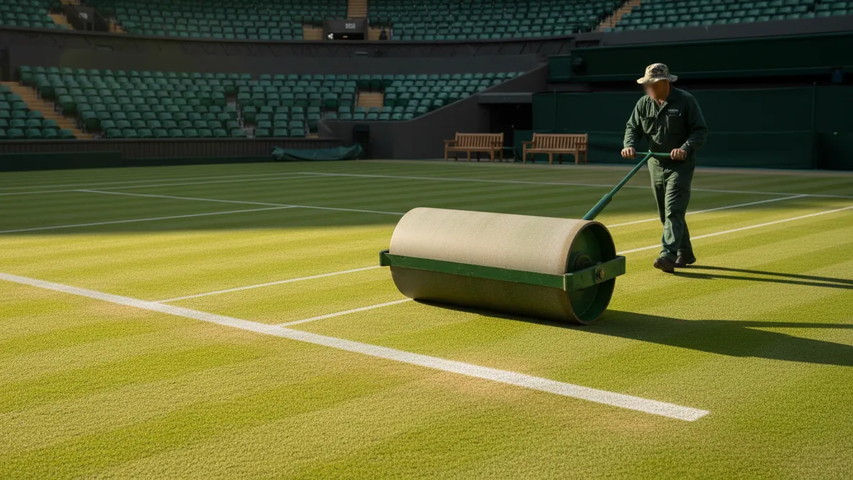 Cancha de Wimbledon preparada con rodillo en las líneas antes del partido