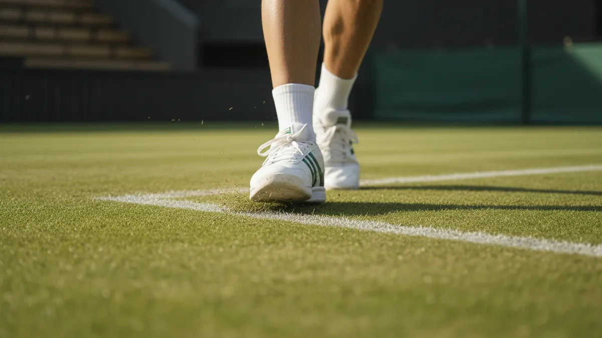 Zapatos de tenista pisando la línea en hierba de Wimbledon, ángulo bajo