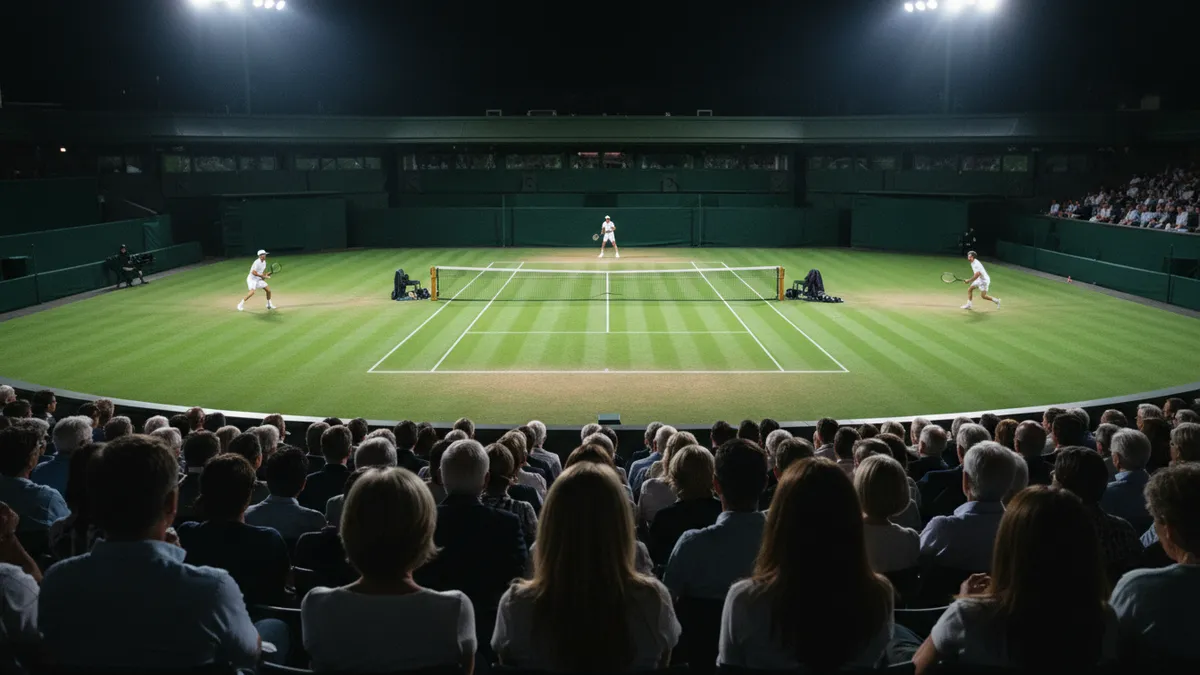 Espectadores sentados de espaldas en las gradas de Wimbledon bajo focos nocturnos