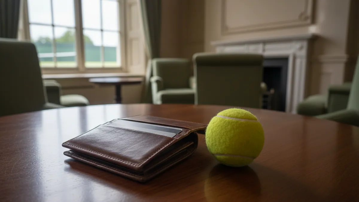 Cartera de cuero abierta con tarjeta y pelota de tenis sobre mesa de madera en Wimbledon