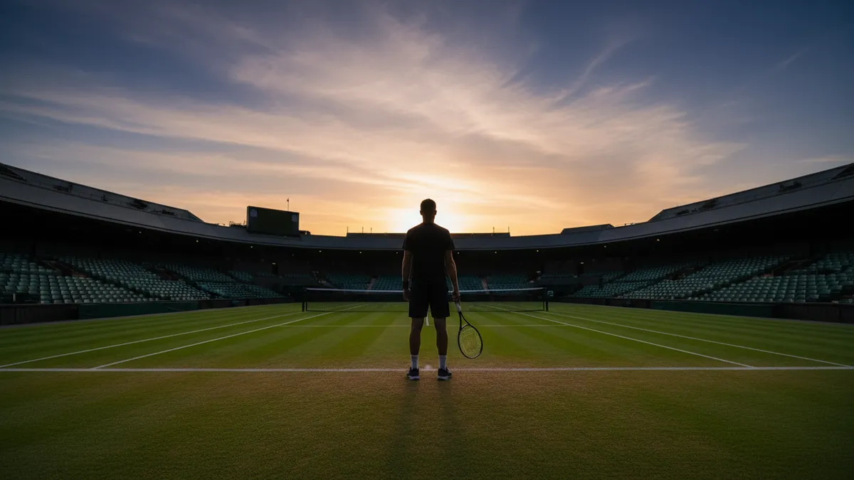 Jugador de tenis en silueta de espaldas sobre la hierba de Wimbledon al atardecer