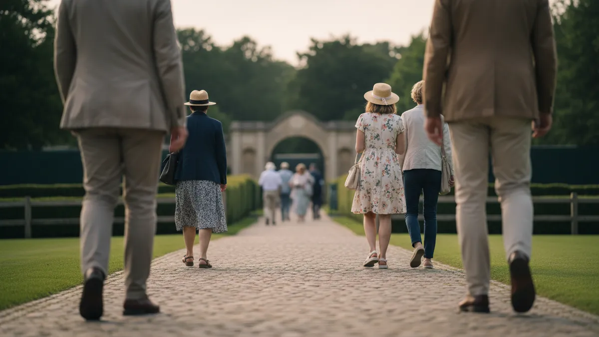 Espectadores de espaldas caminando hacia las puertas de Wimbledon antes del partido