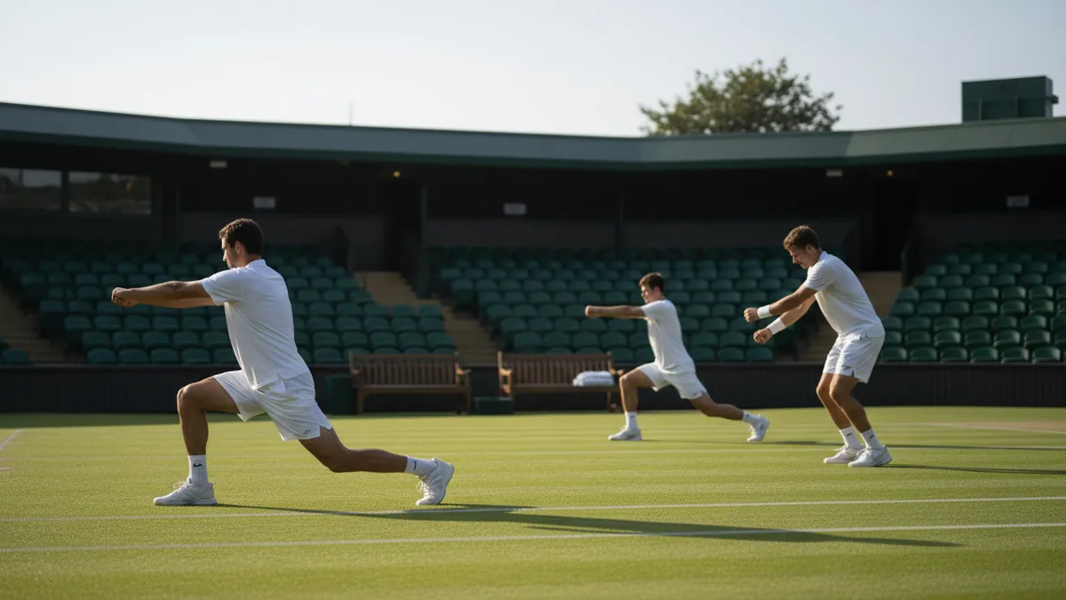 Jugadores calentando en la línea de fondo en Wimbledon bajo luz lateral suave