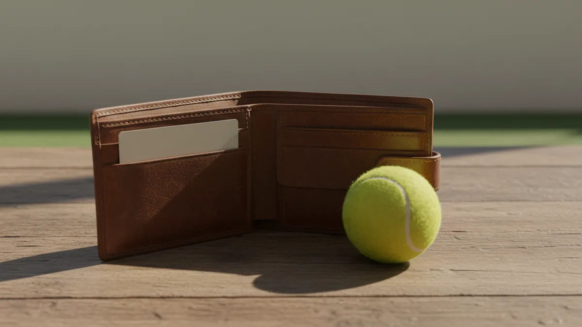 Monedero abierto con tarjeta y pelota de tenis sobre mesa de madera en Wimbledon