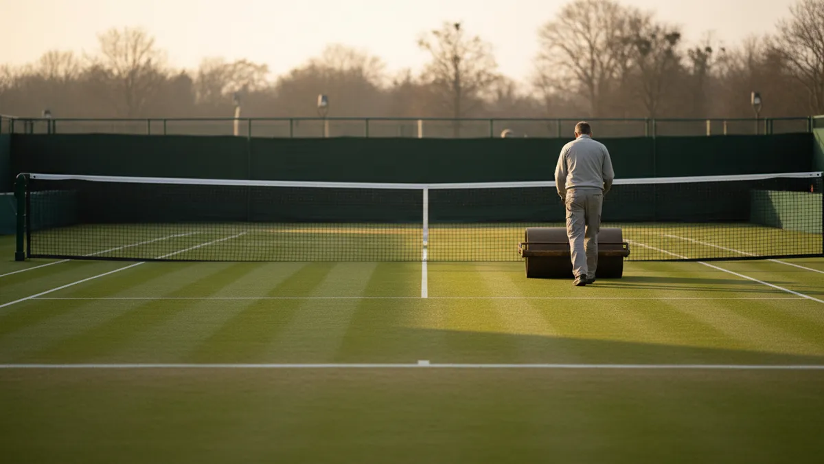Cancha de Wimbledon vacía al amanecer con rodillo alisando las líneas bajo luz dorada