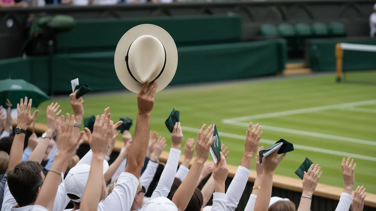 Manos alzadas sosteniendo un sombrero en las gradas de Wimbledon bajo luz diurna suave