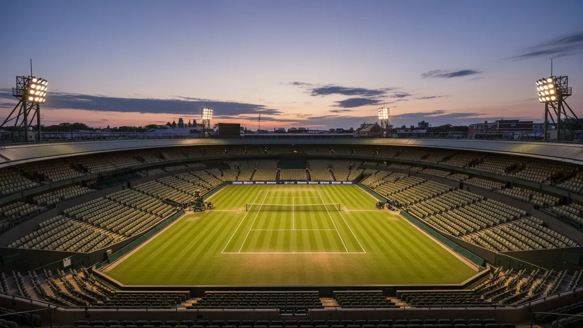 Iluminación del estadio de Wimbledon al atardecer vista desde las gradas