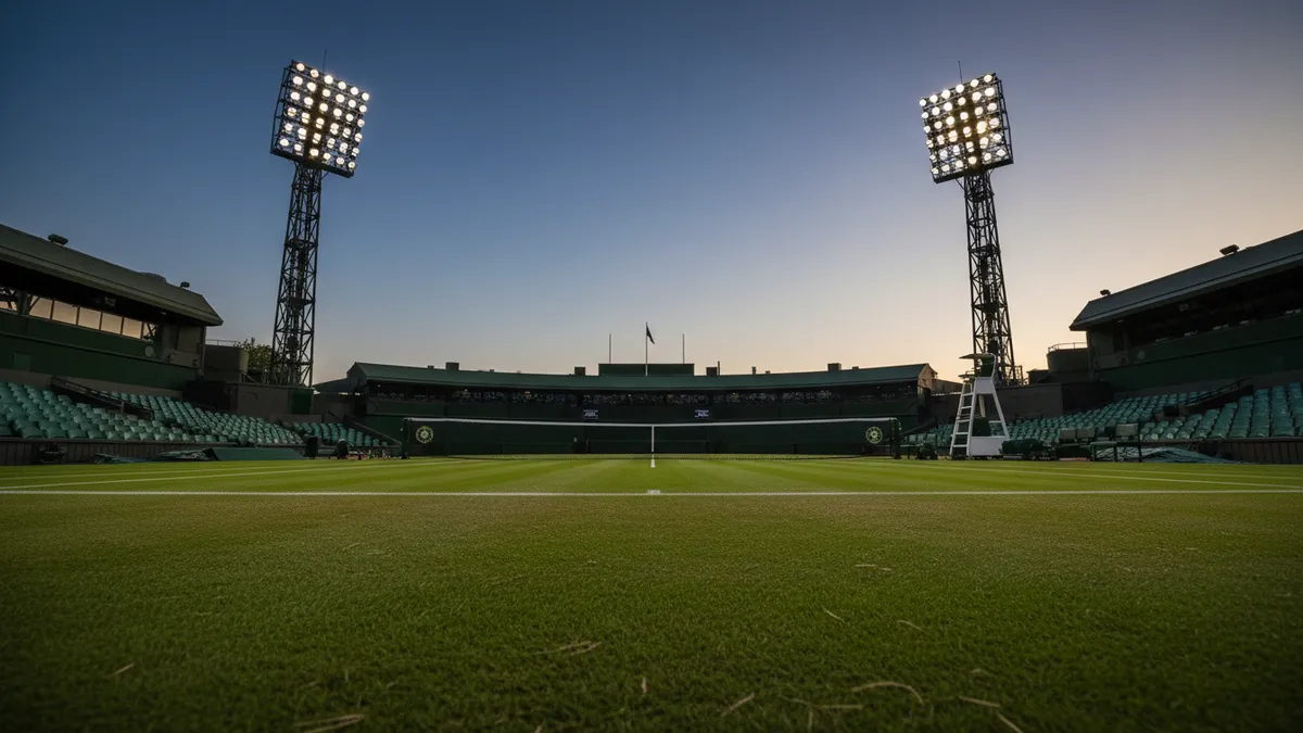 Reflectores del estadio contra el cielo vespertino en Wimbledon