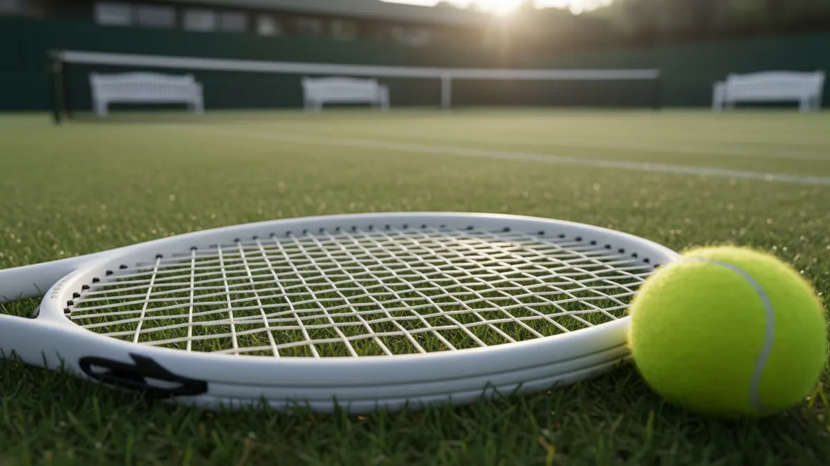 Cuerdas de raqueta de tenis sobre hierba de Wimbledon con pelota cerca