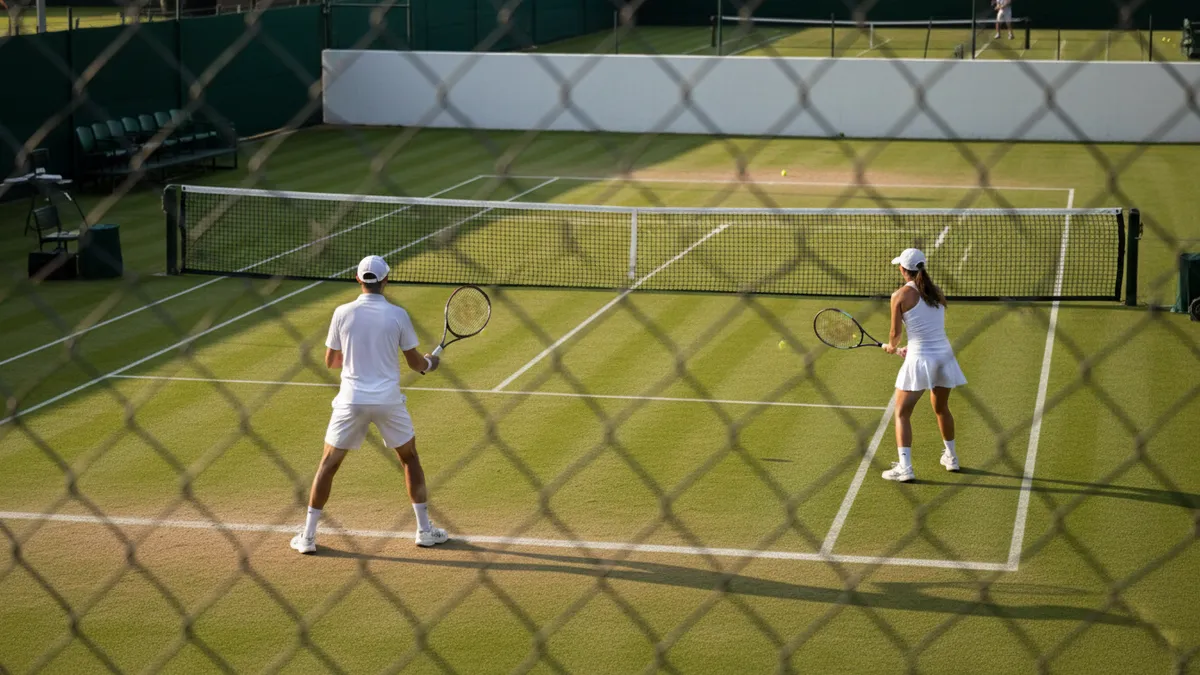 Jugadores entrenando en pista lateral de hierba en Wimbledon, vistos a través de la valla