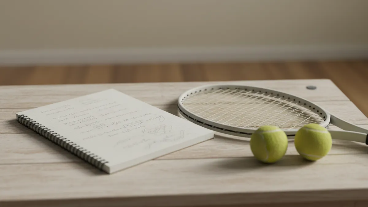 Cuaderno con marcas a lápiz junto a raqueta y pelotas en mesa de Wimbledon