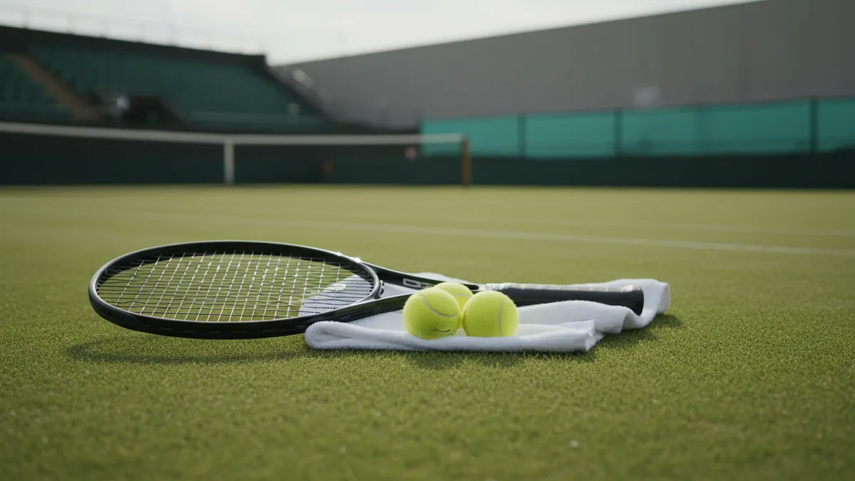 Raqueta, pelotas y toalla en reposo sobre la hierba de Wimbledon
