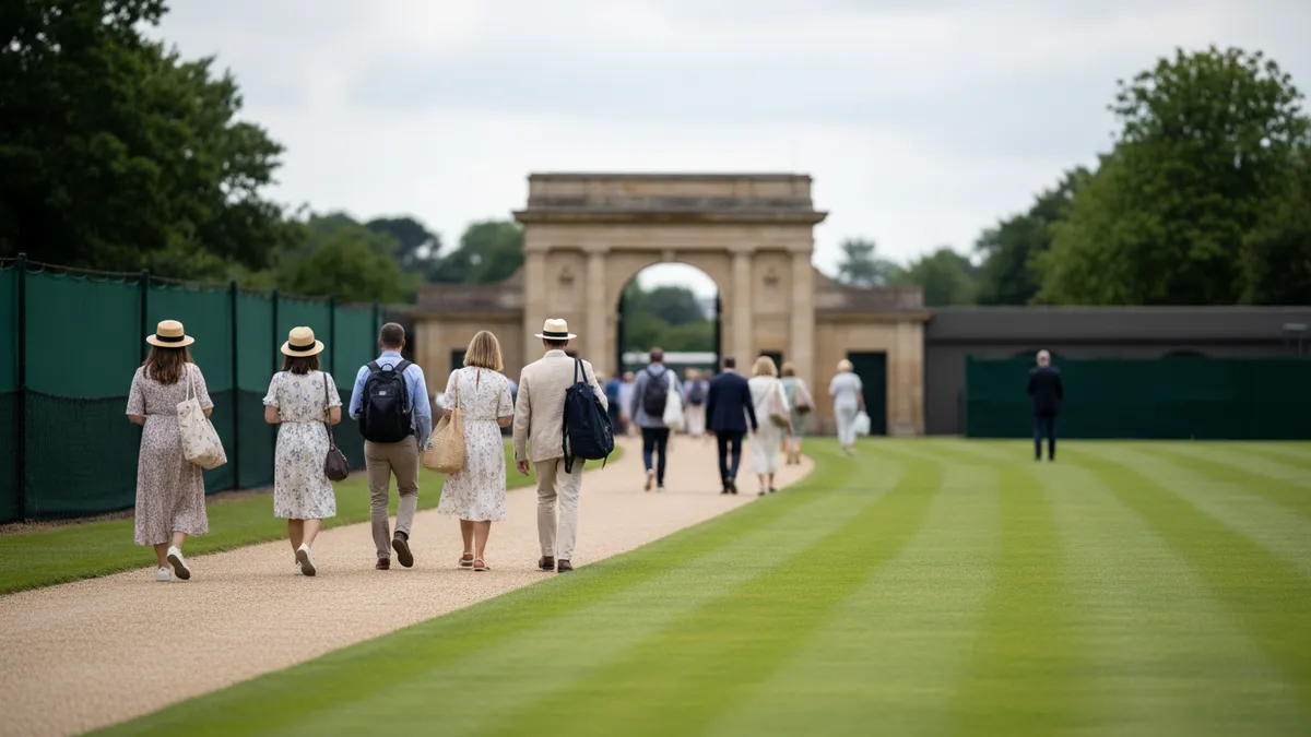 Espectadores caminando hacia las puertas de Wimbledon antes del partido