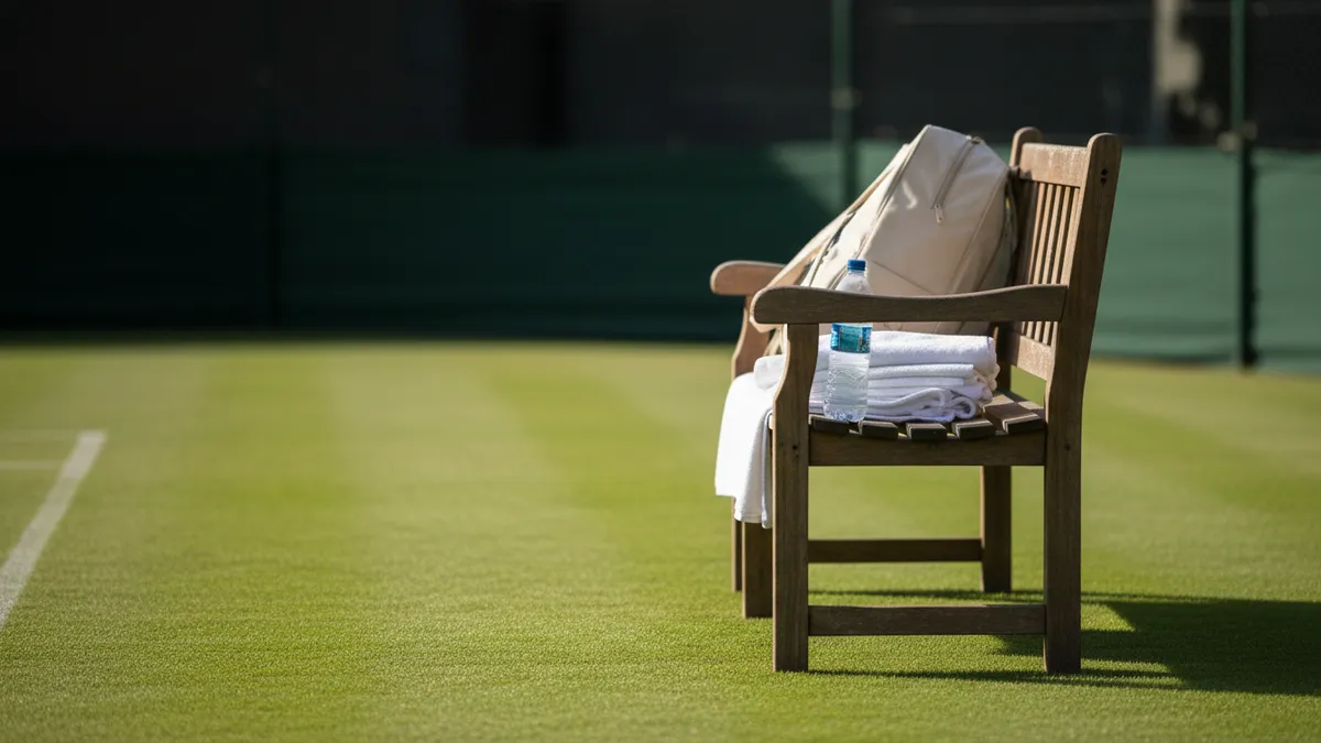 Banco de madera al lado de la pista de hierba en Wimbledon con toallas y botella bajo luz suave