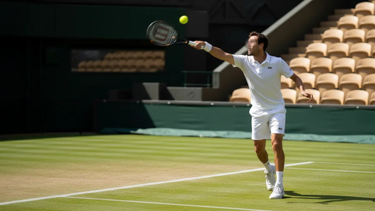 Raqueta golpeando la pelota en el saque sobre la hierba de Wimbledon