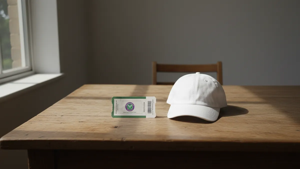 Entrada de Wimbledon junto a gorra sobre mesa de madera
