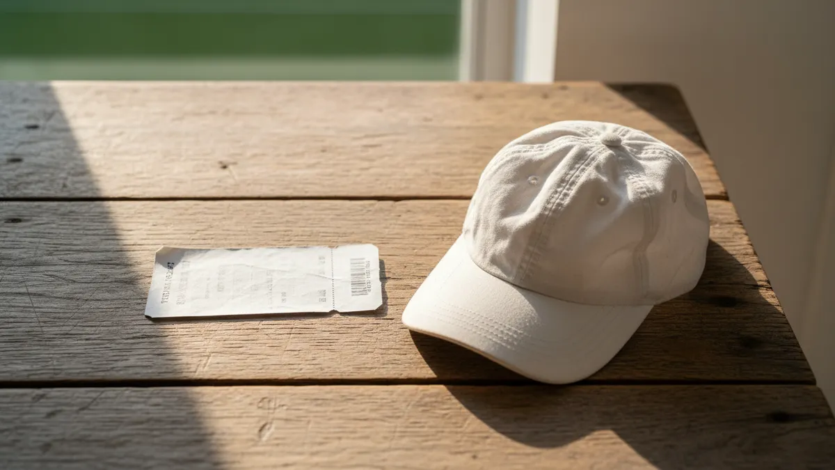 Entrada de Wimbledon junto a gorra sobre mesa de madera en luz suave