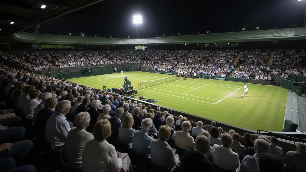 Espectadores sentados de espaldas en las gradas de Wimbledon bajo focos nocturnos