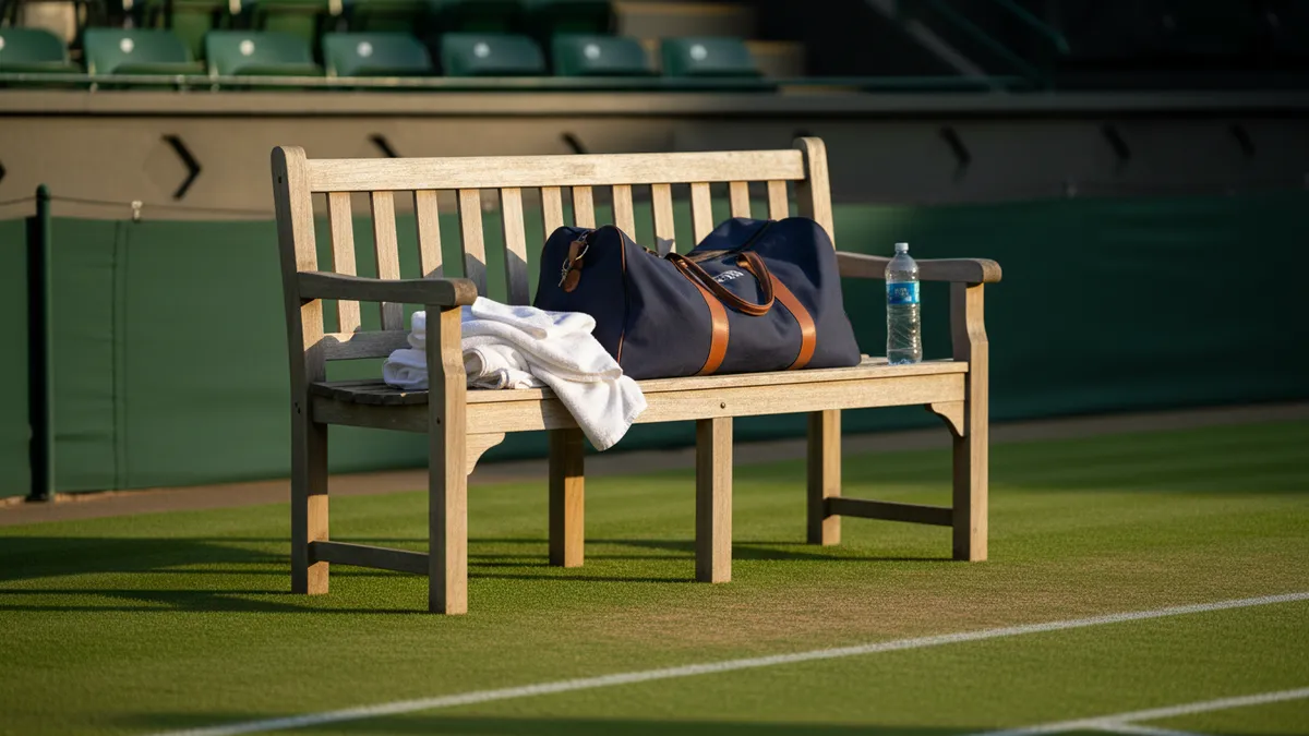 Banco junto a la pista de Wimbledon con toallas, bolsa y botella bajo luz suave