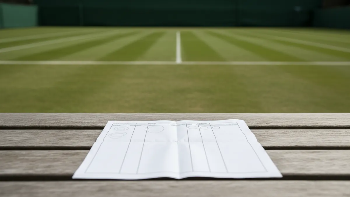Hoja de programa de partidos con marcas de lápiz sobre asiento de madera en Wimbledon