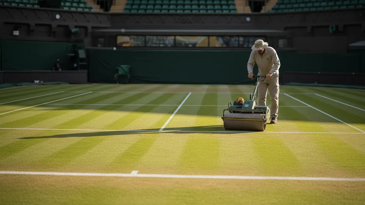 Cancha vacía de Wimbledon siendo preparada con un rodillo bajo luz suave