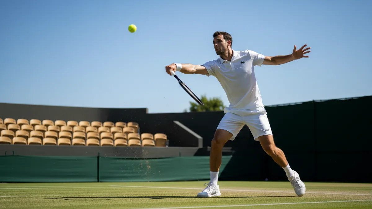 Raqueta golpeando la pelota en un saque potente sobre la hierba de Wimbledon