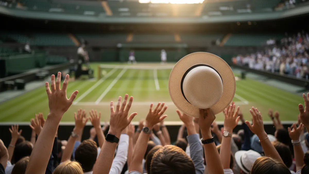 Manos alzadas con sombrero en las gradas de Wimbledon al atardecer