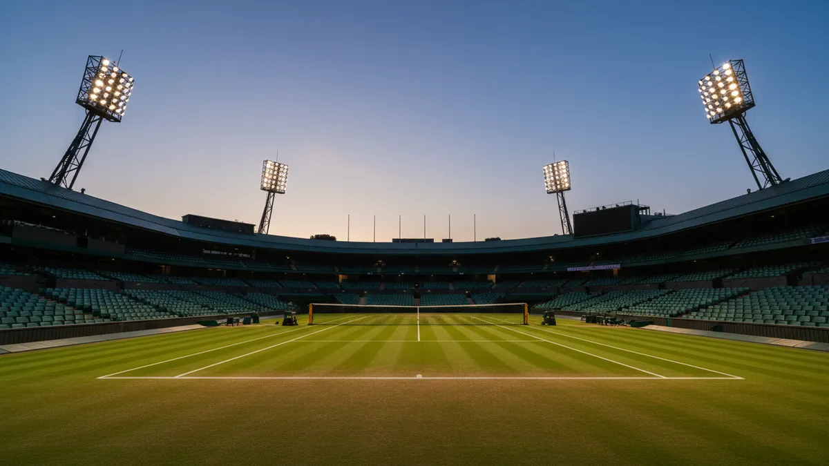 Floodlights del Centre Court de Wimbledon al atardecer desde ángulo bajo en las gradas