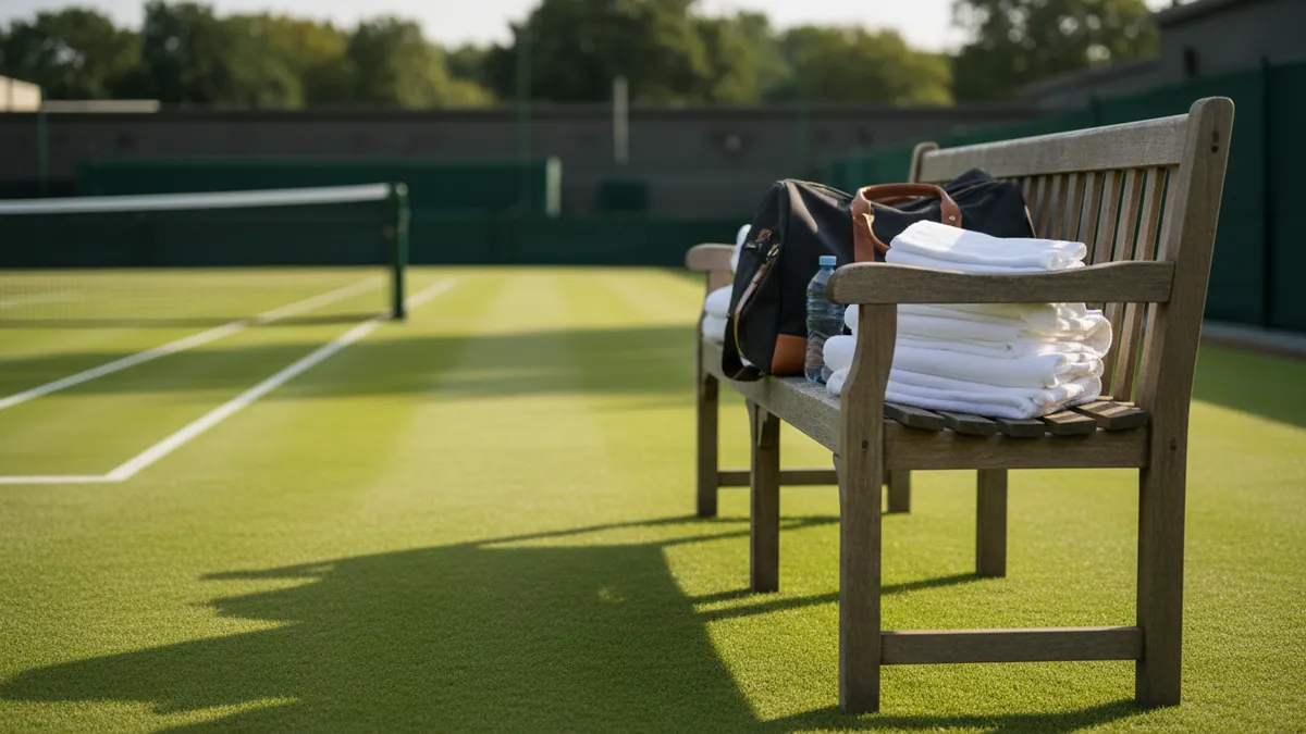 Banco de madera en la pista de hierba de Wimbledon con toallas, bolsa y botella