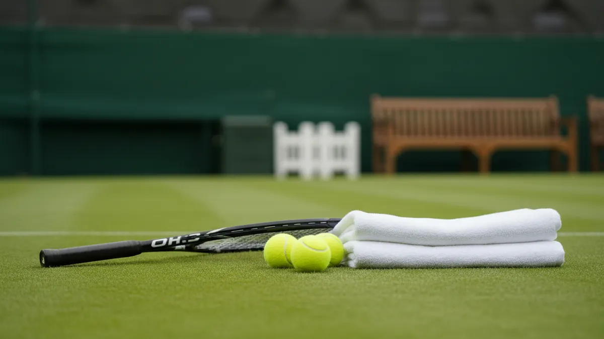 Raqueta, pelotas y toalla sobre la hierba de Wimbledon en luz suave